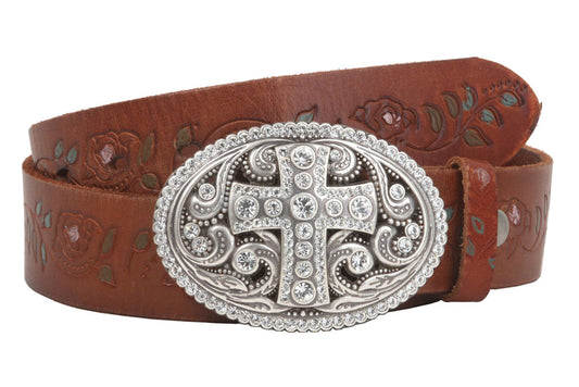 Snap On Floral Tree Embossed Full Grain Leather Rhinestone Cross Bling Belt