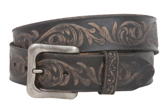 Snap On Soft Hand Floral Embossed Vintage Cowhide Full Grain Leather Casual Belt