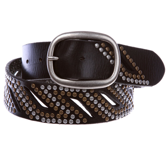 1 1/2" Oval Snap on Perforated Nailhead Studded Cowhide Solid Leather Belt