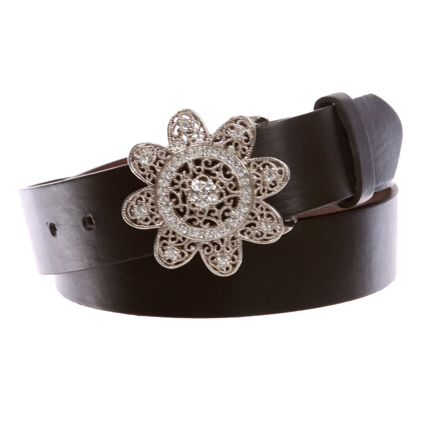 1 1/2" Women's Snap On Rhinestone Western Engraving Hollow Out Perforated Floral Flower Belt