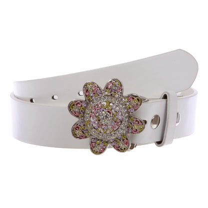 1 1/2" Women's Snap On Rhinestone Western Engraving Hollow Out Perforated Floral Flower Belt