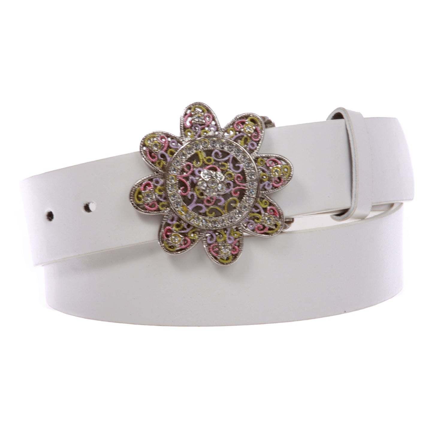 1 1/2" Women's Snap On Rhinestone Western Engraving Hollow Out Perforated Floral Flower Belt