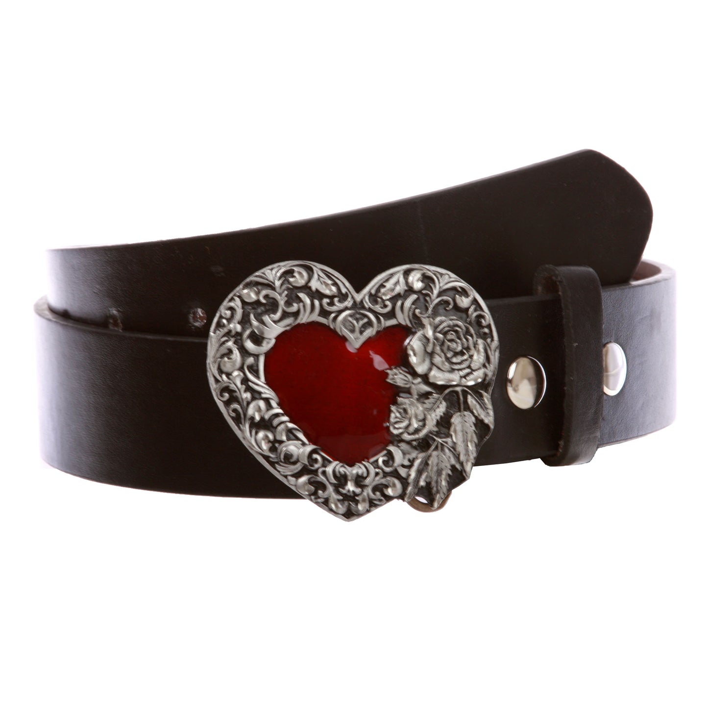 1 1/2" Women's Snap On Enamel Heart Floral Red Rose Flowers Western Engraving Buckle With Black Belt