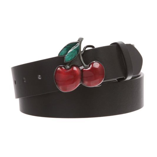 Women's Casual Jean Belt with Enameled Red Cherry Fruit Western Buckle