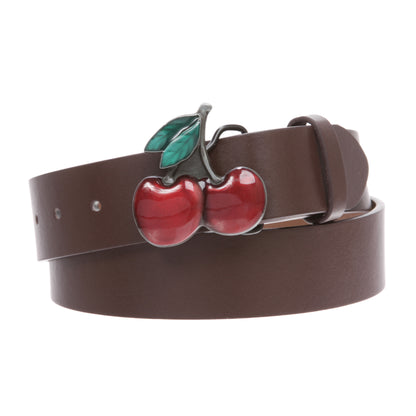 Women's Casual Jean Belt with Enameled Red Cherry Fruit Western Buckle