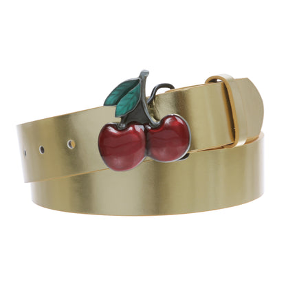 Women's Casual Jean Belt with Enameled Red Cherry Fruit Western Buckle