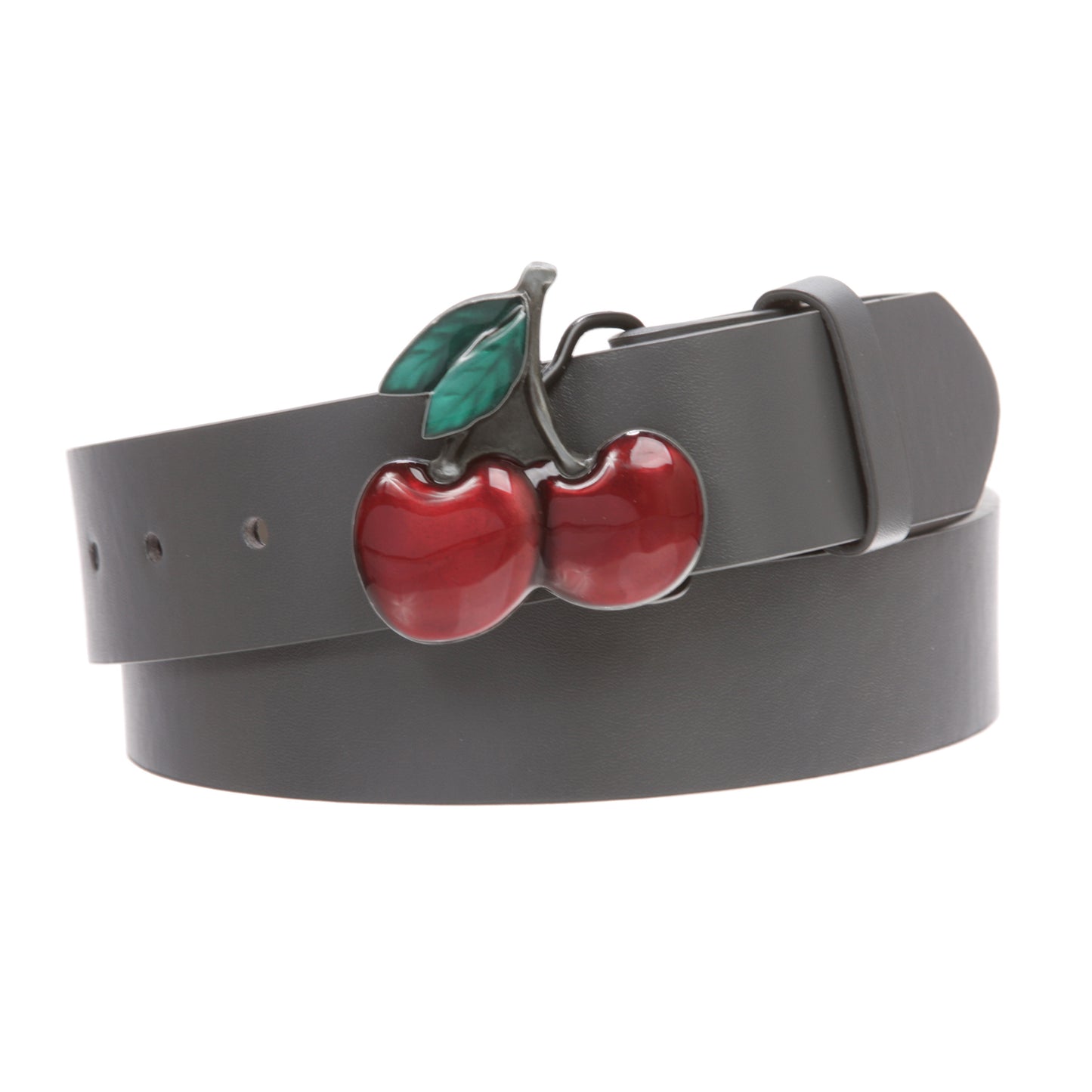 Women's Casual Jean Belt with Enameled Red Cherry Fruit Western Buckle