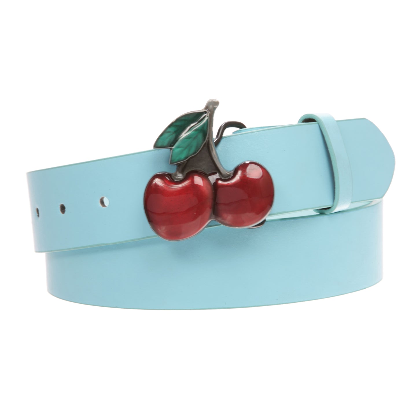 Women's Casual Jean Belt with Enameled Red Cherry Fruit Western Buckle