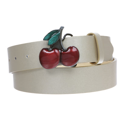 Women's Casual Jean Belt with Enameled Red Cherry Fruit Western Buckle