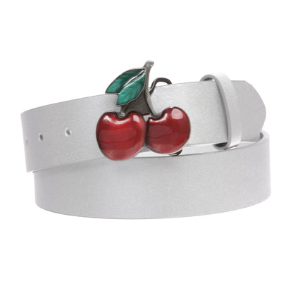 Women's Casual Jean Belt with Enameled Red Cherry Fruit Western Buckle