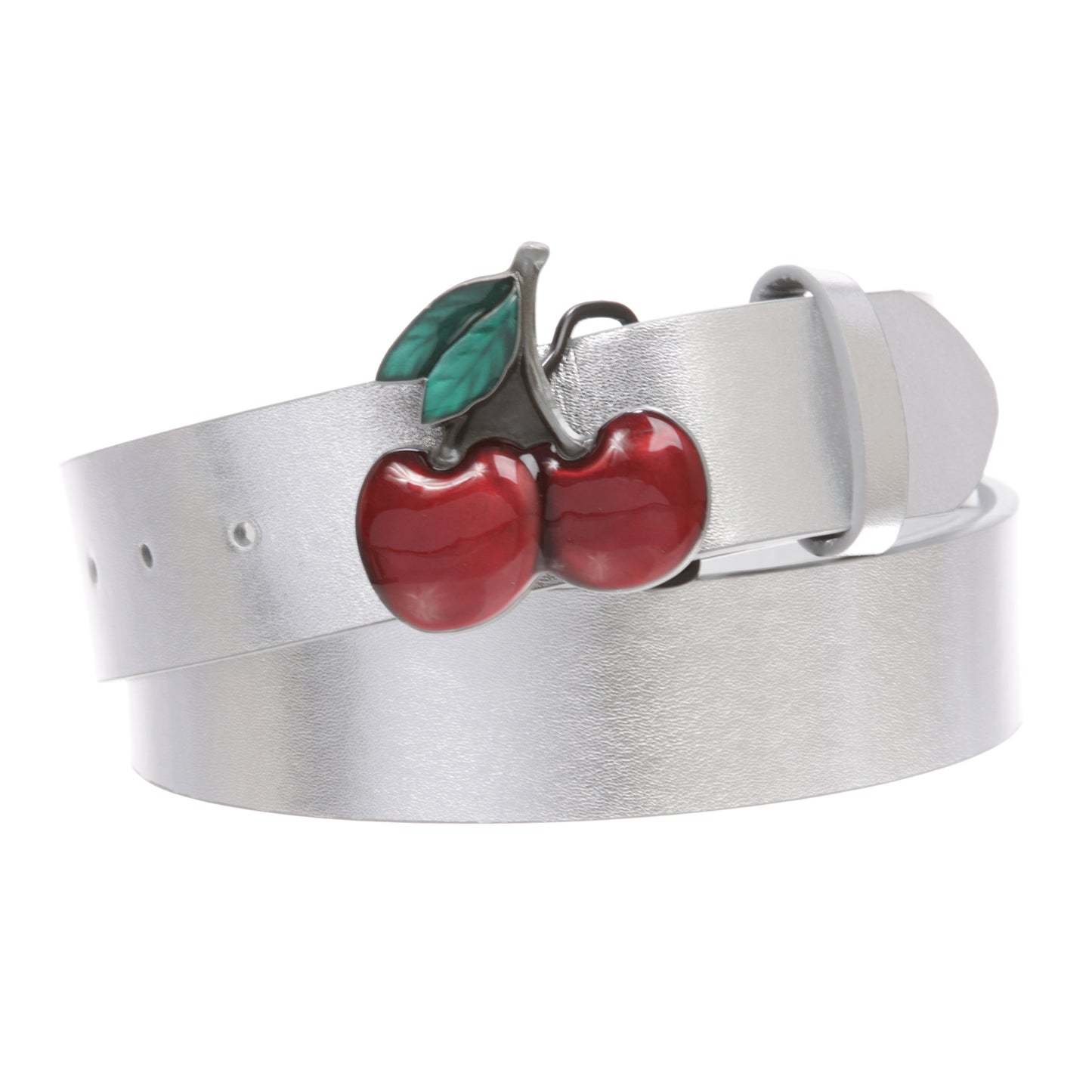 Women's Casual Jean Belt with Enameled Red Cherry Fruit Western Buckle