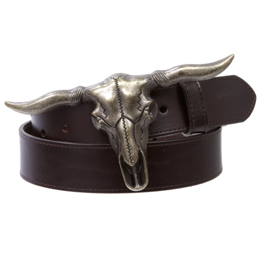 1 1/2" Snap On Horn Bull Western Texas Cowboy Large Buckle With Cow High Full Top Grain Leather Plain Belt