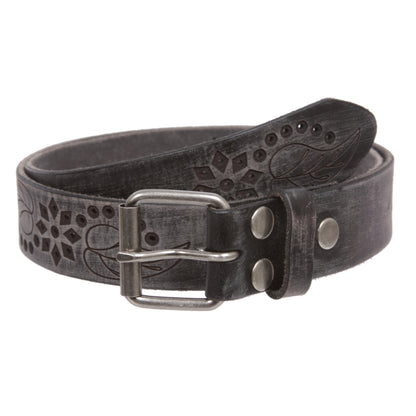 1 1/4" Snap On Embossed Floral Leaf Perforated Vintage Soft Cowhide Full Grain Thick Leather Casual Jean Belt