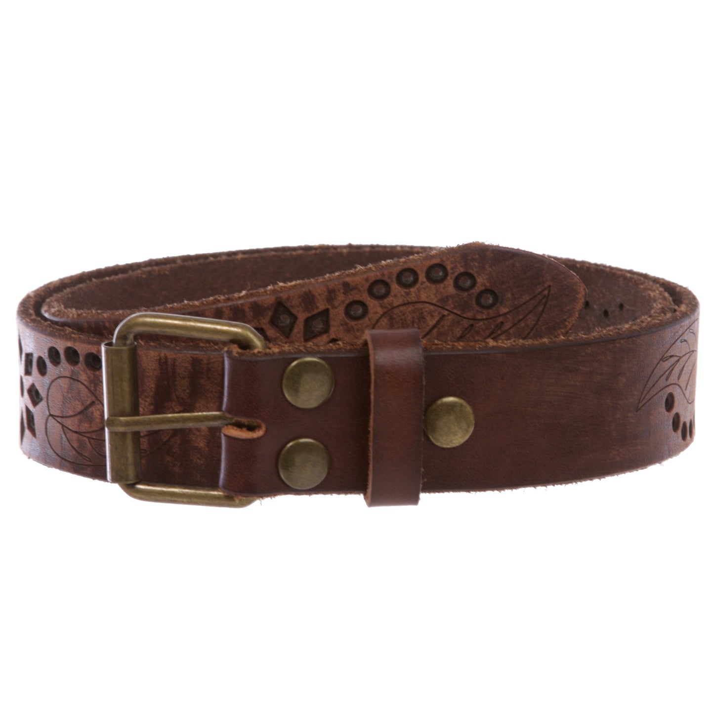 1 1/4" Snap On Embossed Floral Leaf Perforated Vintage Soft Cowhide Full Grain Thick Leather Casual Jean Belt