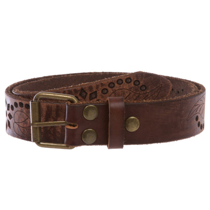 1 1/4" Snap On Embossed Floral Leaf Perforated Vintage Soft Cowhide Full Grain Thick Leather Casual Jean Belt