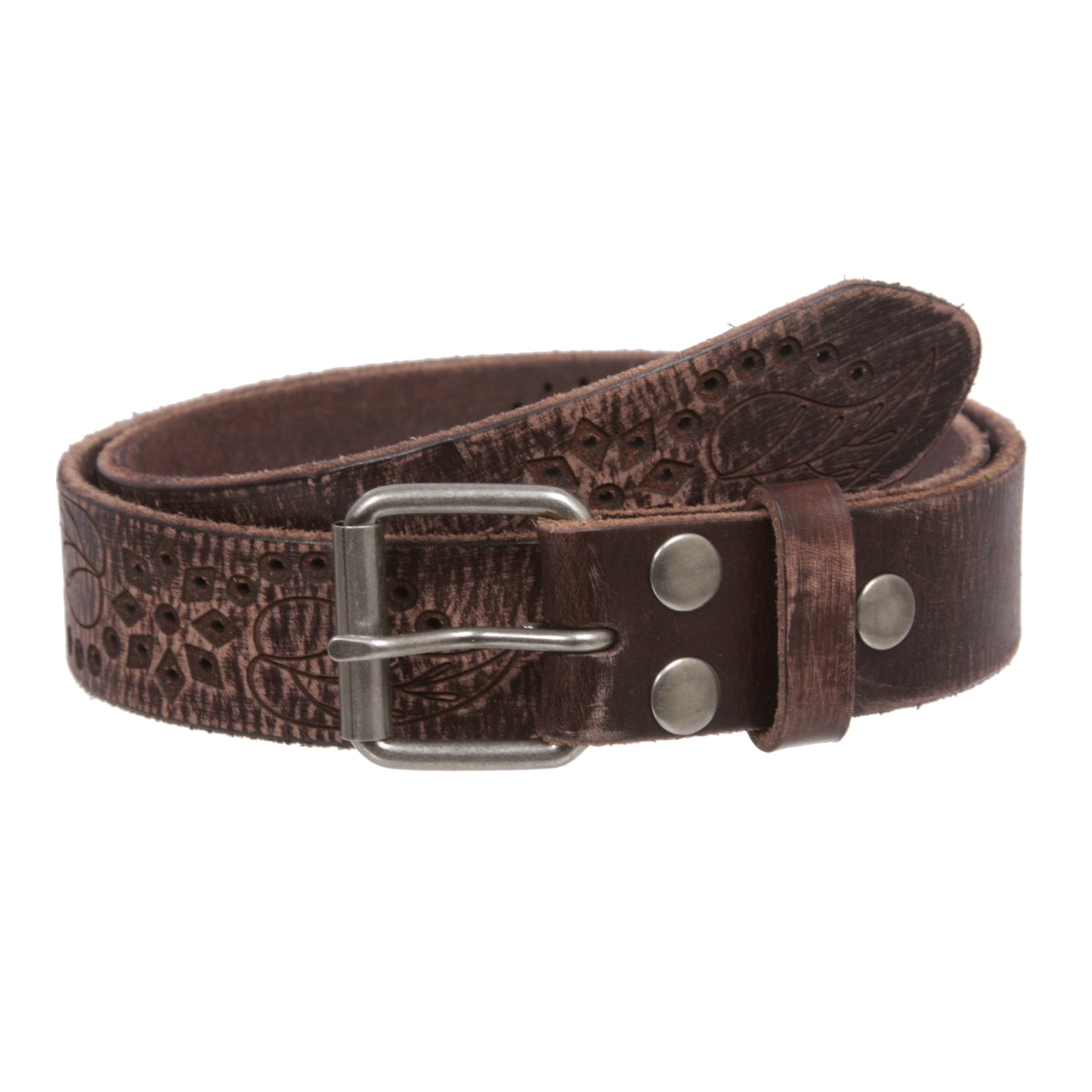 1 1/4" Snap On Embossed Floral Leaf Perforated Vintage Soft Cowhide Full Grain Thick Leather Casual Jean Belt