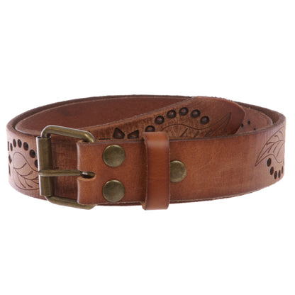 1 1/4" Snap On Embossed Floral Leaf Perforated Vintage Soft Cowhide Full Grain Thick Leather Casual Jean Belt