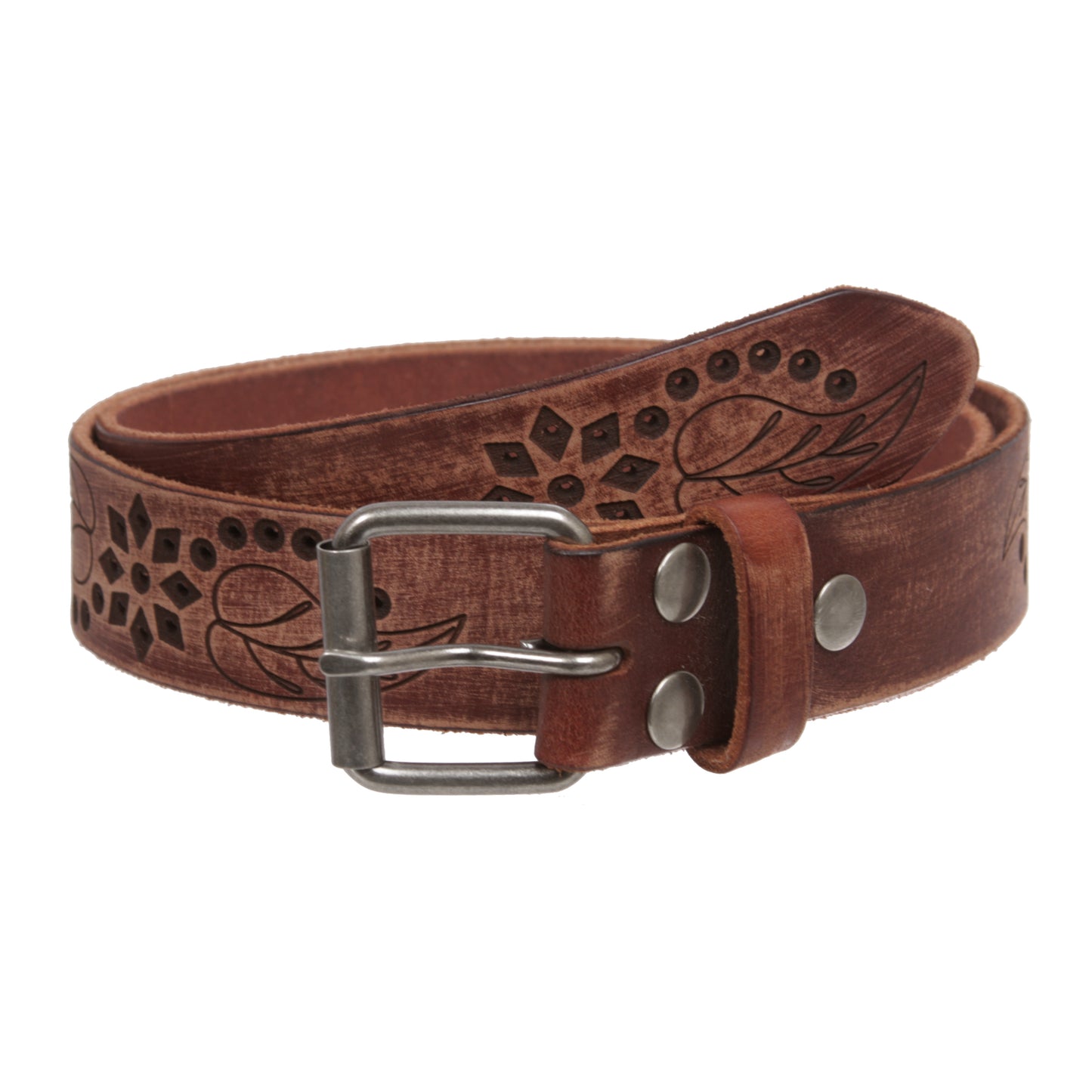1 1/4" Snap On Embossed Floral Leaf Perforated Vintage Soft Cowhide Full Grain Thick Leather Casual Jean Belt