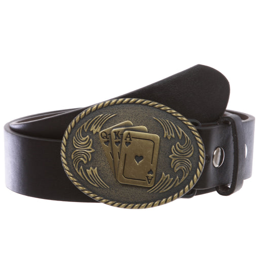 1 1/2" Snap On Oval Playing Card Magic Ace King Queen Western Engraving Buckle With Black Belt