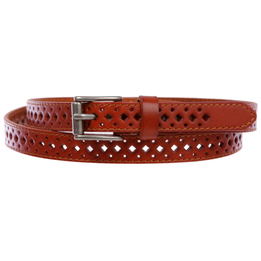 Women's 3/4" (17 mm) Full Grain Leather Perforated Skinny Stitched-Edge Belt