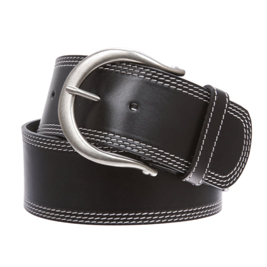 Womens Wide Fashion Leather Belt with Crescent Buckle and Triple Stitch