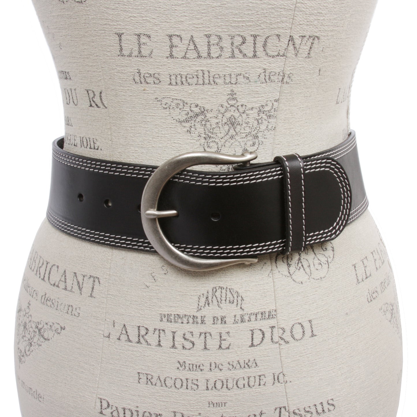 Womens Wide Fashion Leather Belt with Crescent Buckle and Triple Stitch
