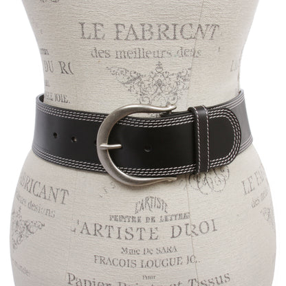 Womens Wide Fashion Leather Belt with Crescent Buckle and Triple Stitch