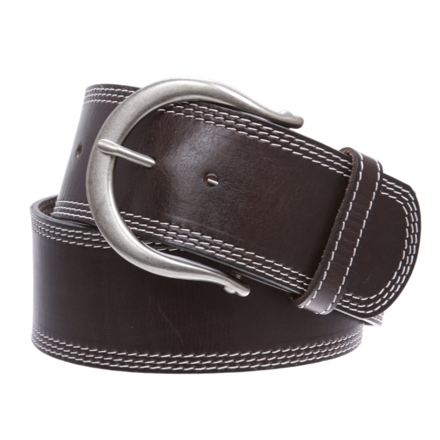 Womens Wide Fashion Leather Belt with Crescent Buckle and Triple Stitch