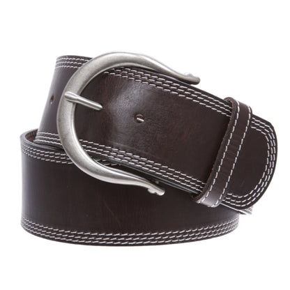Womens Wide Fashion Leather Belt with Crescent Buckle and Triple Stitch