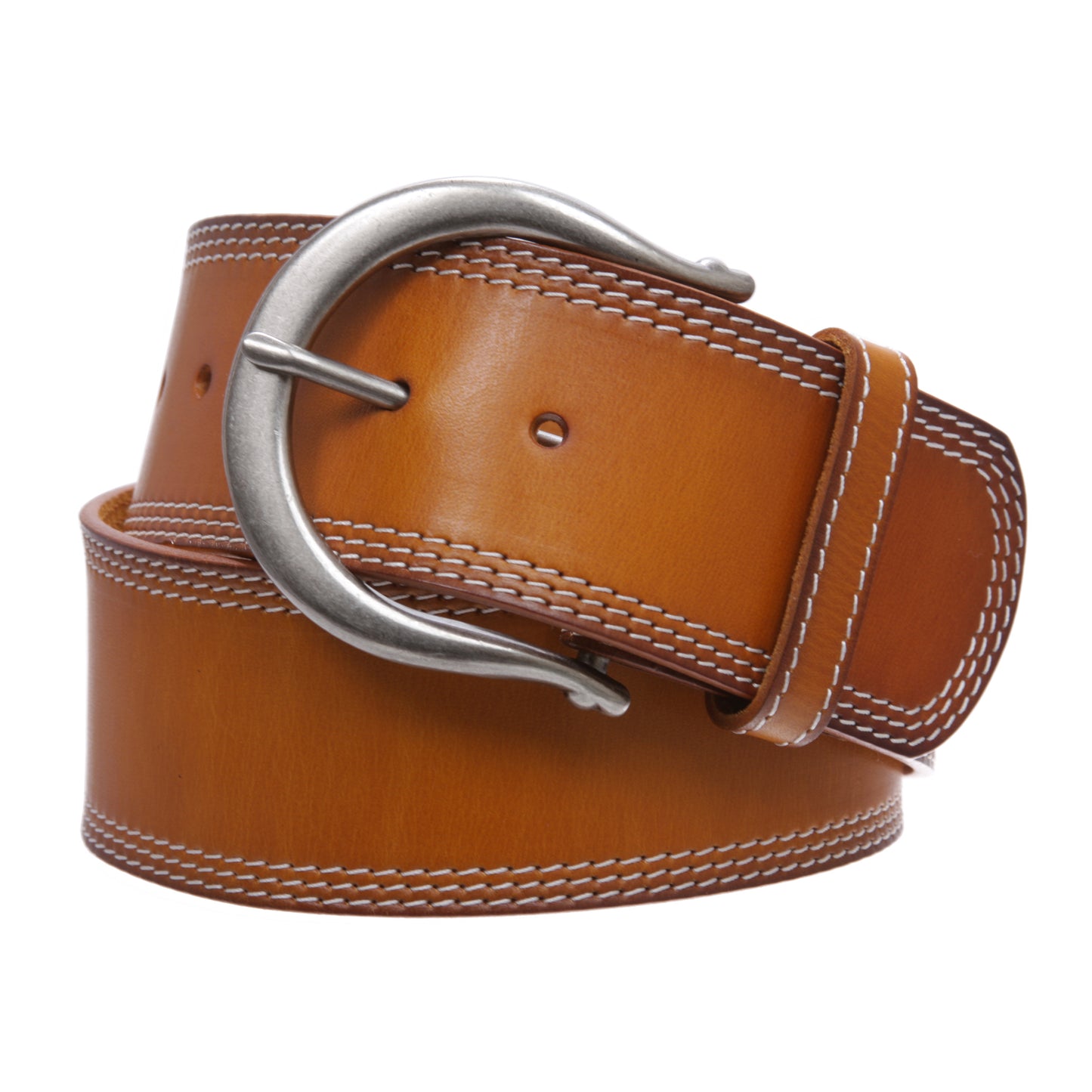 Womens Wide Fashion Leather Belt with Crescent Buckle and Triple Stitch
