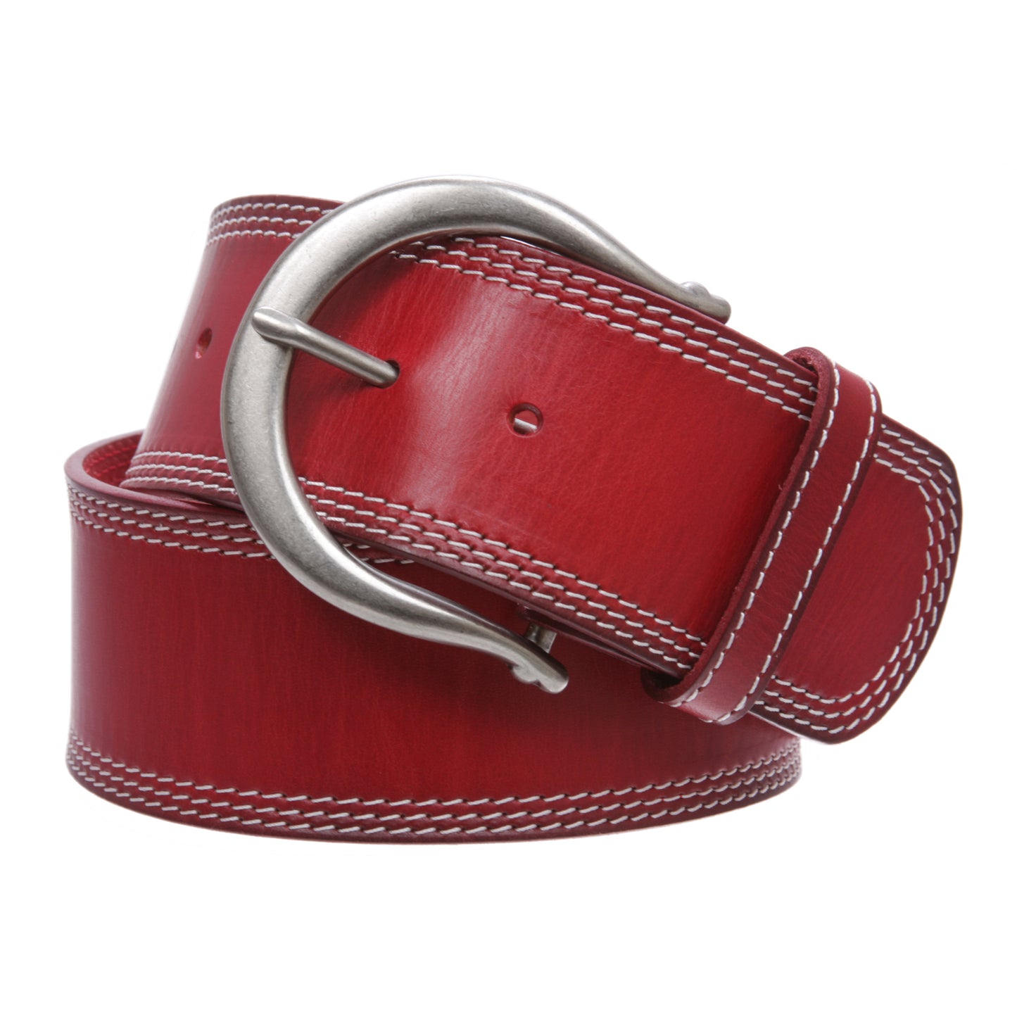 Womens Wide Fashion Leather Belt with Crescent Buckle and Triple Stitch