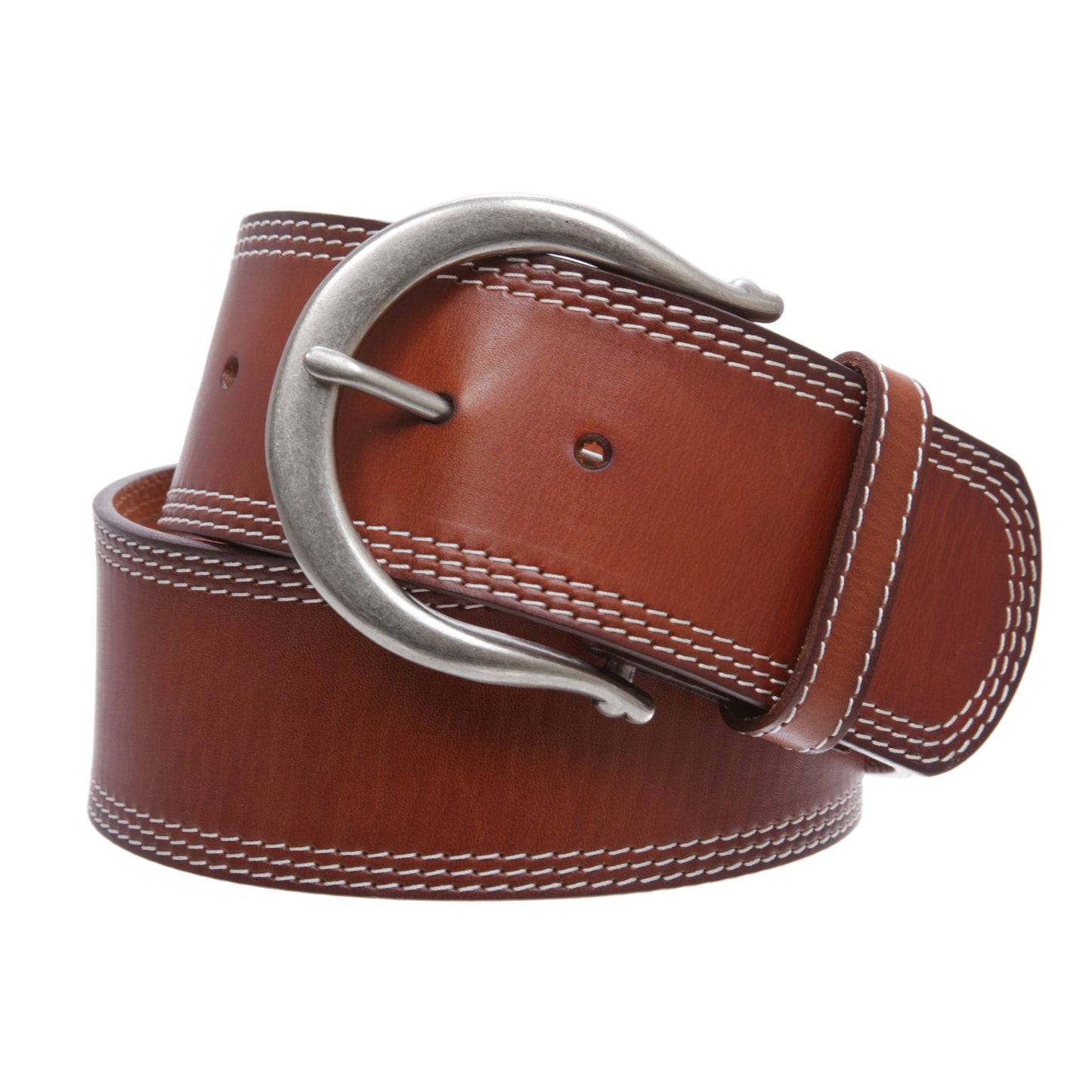 Womens Wide Fashion Leather Belt with Crescent Buckle and Triple Stitch