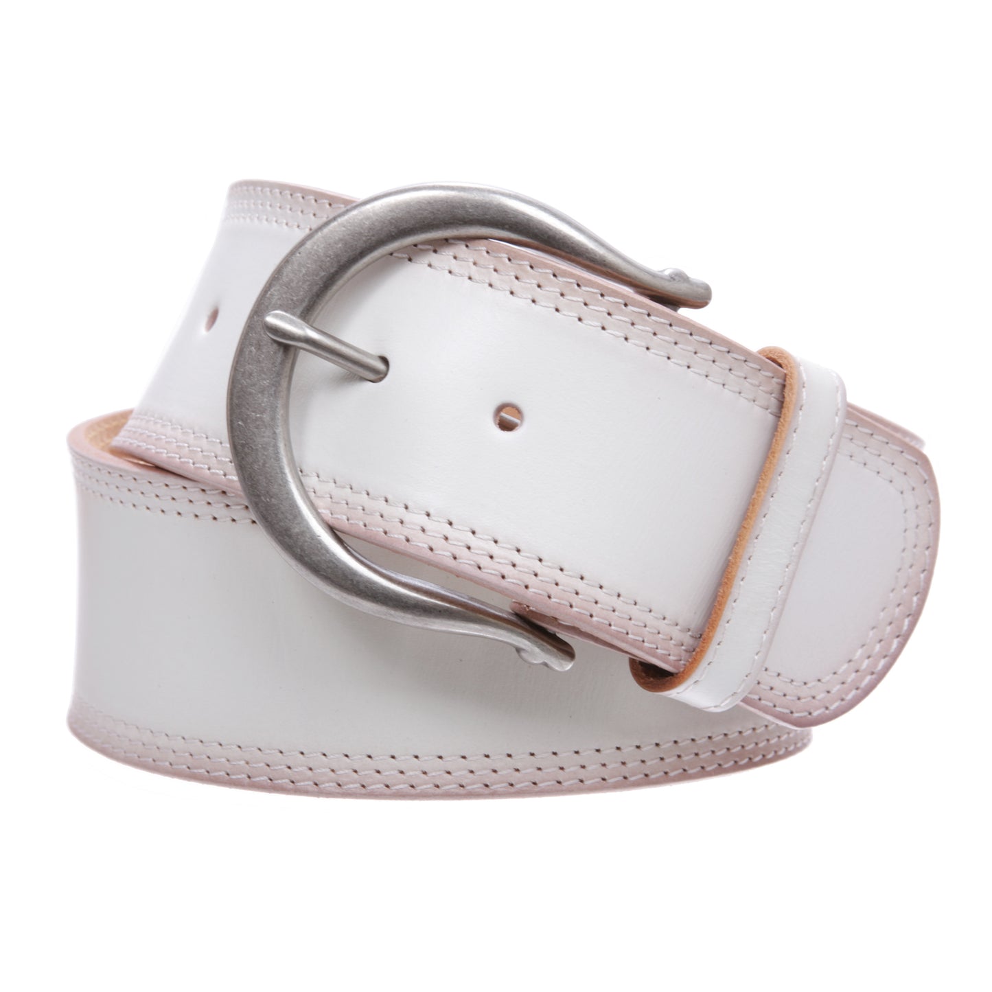 Womens Wide Fashion Leather Belt with Crescent Buckle and Triple Stitch