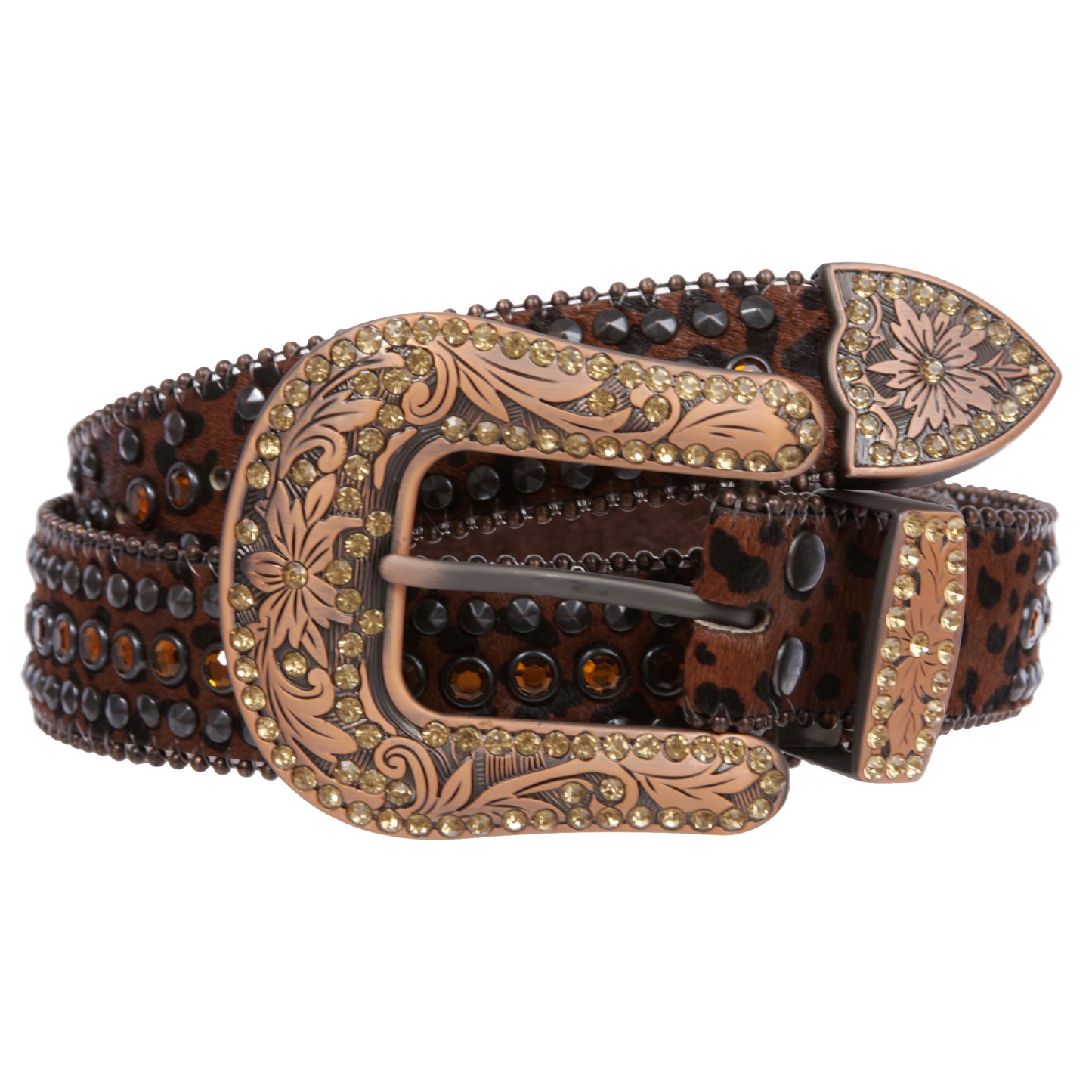 Women's Western Leopard Zebra Print Calf Hair Rhinestone Rivet Detailing Belt