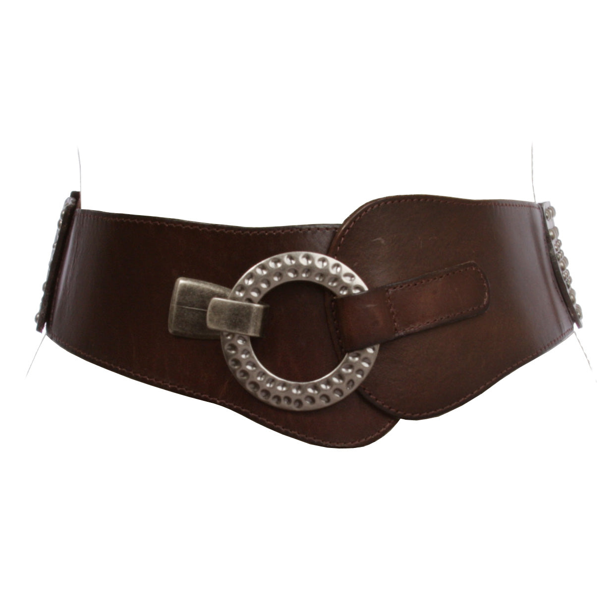 Women's 2 3/8" Wide High Waist Elastic Stretchy Studded Leather Hook Fashion Belt