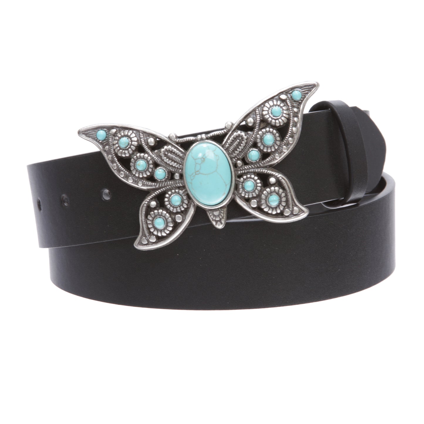 Women's Casual Jean Belt with Perforated Turquoise Stone Butterfly Belt Buckle