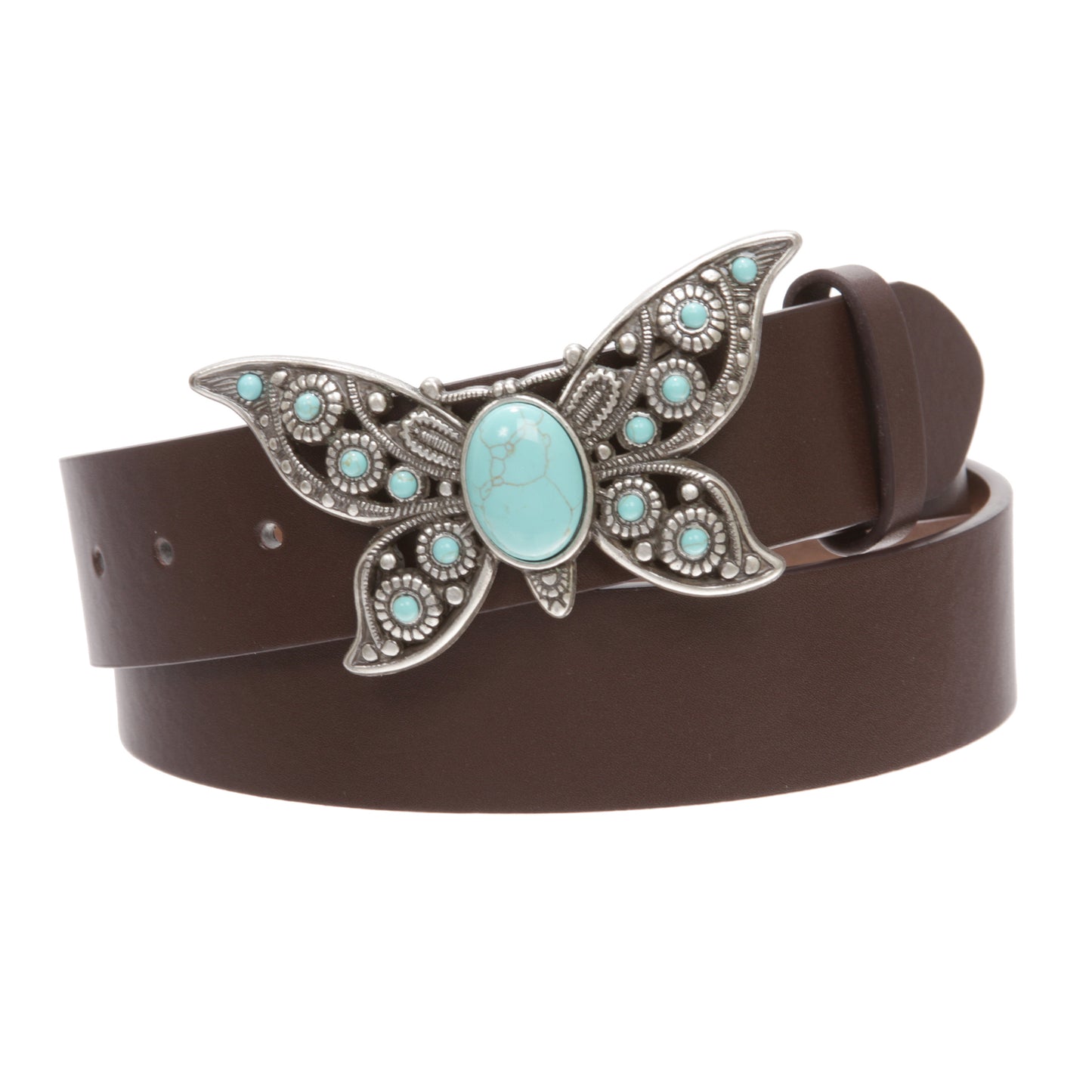 Women's Casual Jean Belt with Perforated Turquoise Stone Butterfly Belt Buckle