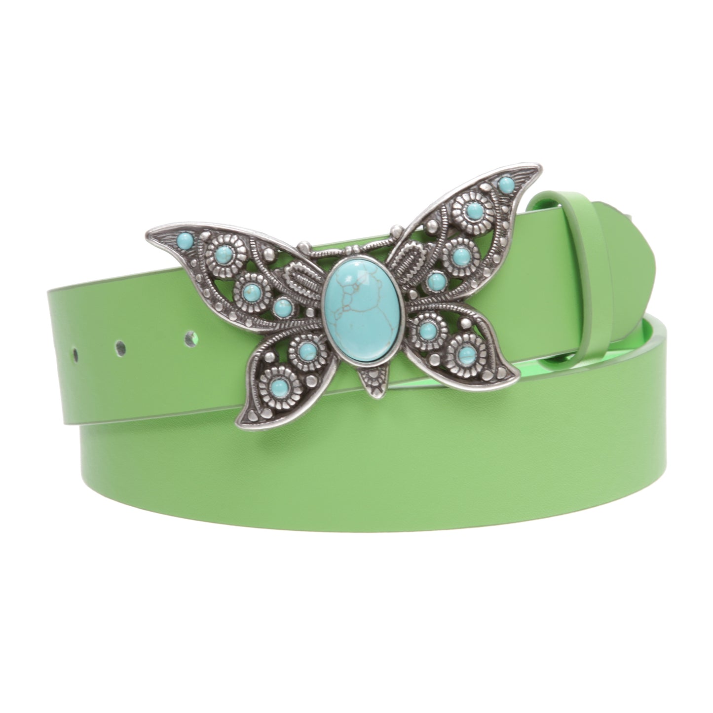 Women's Casual Jean Belt with Perforated Turquoise Stone Butterfly Belt Buckle