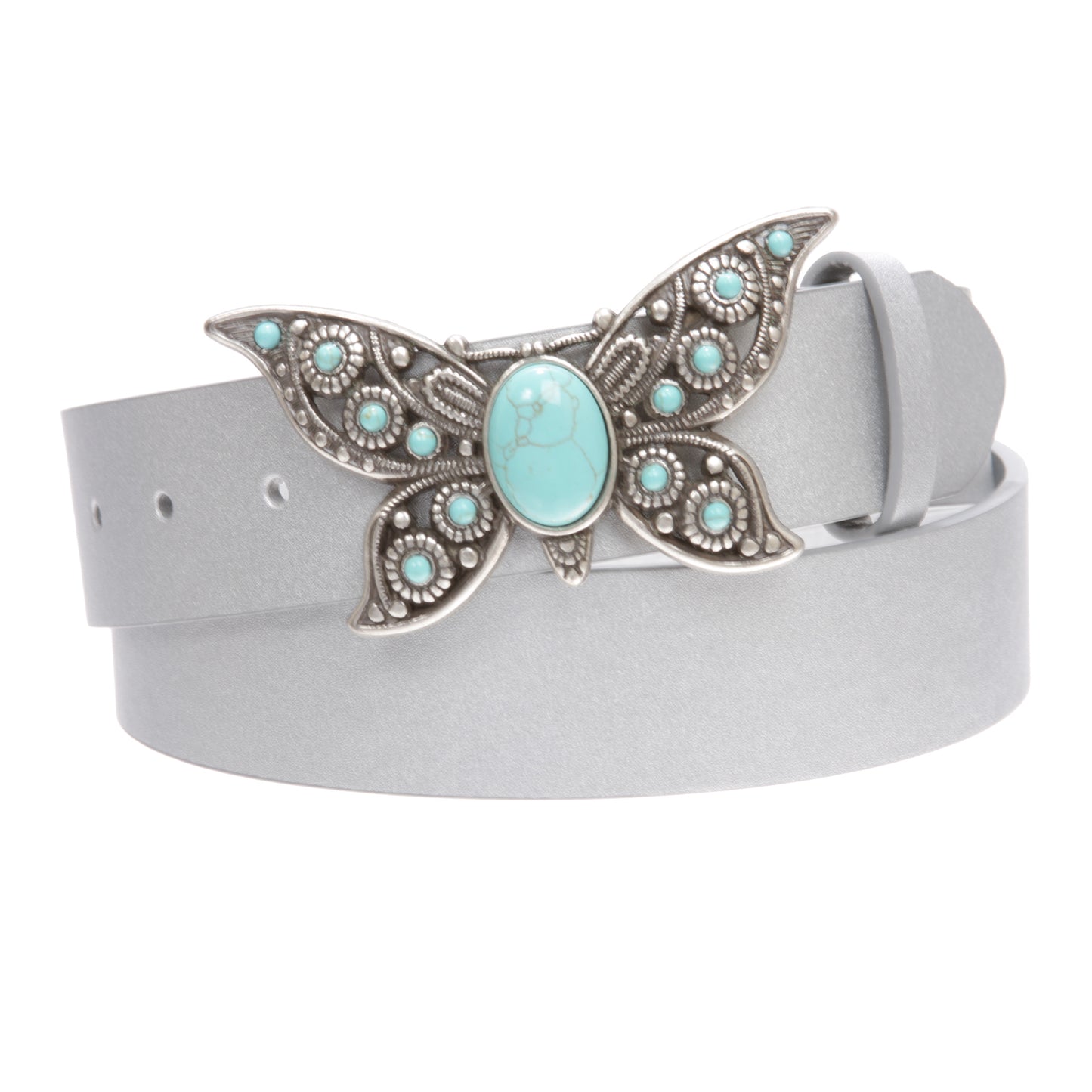 Women's Casual Jean Belt with Perforated Turquoise Stone Butterfly Belt Buckle