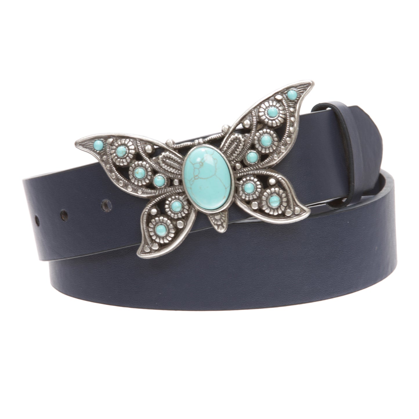 Women's Casual Jean Belt with Perforated Turquoise Stone Butterfly Belt Buckle