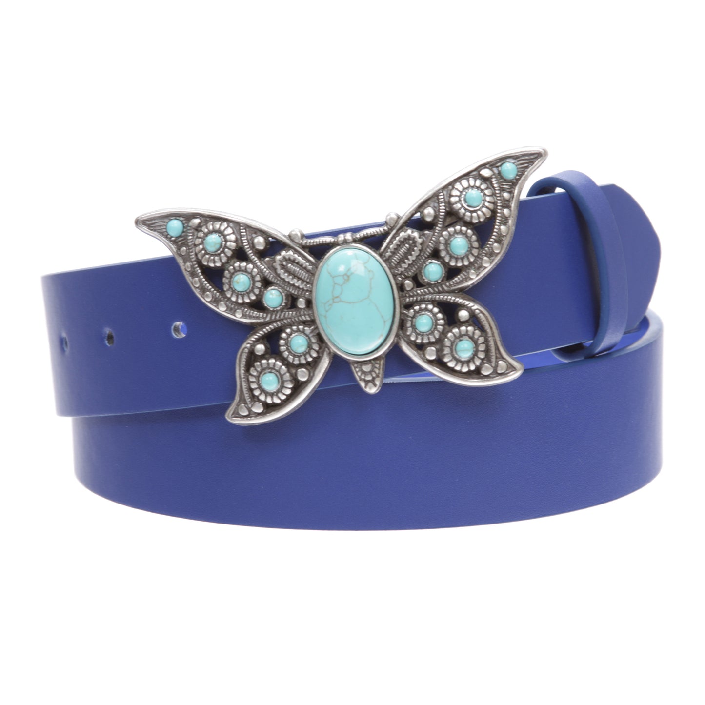 Women's Casual Jean Belt with Perforated Turquoise Stone Butterfly Belt Buckle