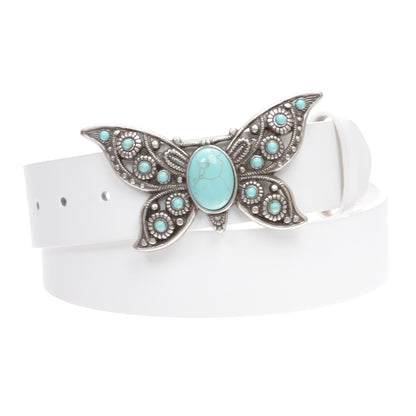 Women's Casual Jean Belt with Perforated Turquoise Stone Butterfly Belt Buckle