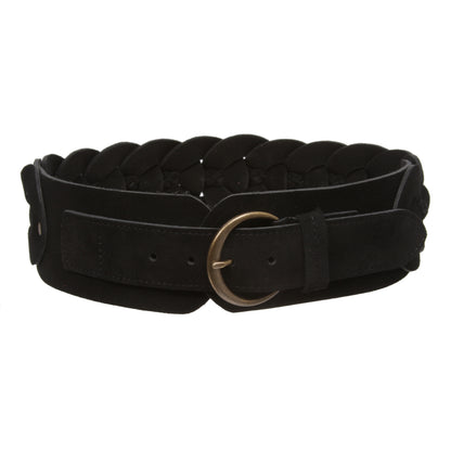 Women's 3" Wide Cow Suede Round Disc Braided Waist Belt with Round Buckle
