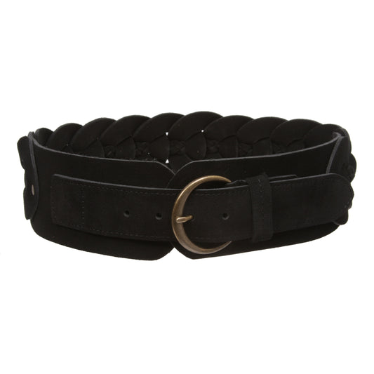 Women's 3" Wide Cow Suede Round Disc Braided Waist Belt with Round Buckle