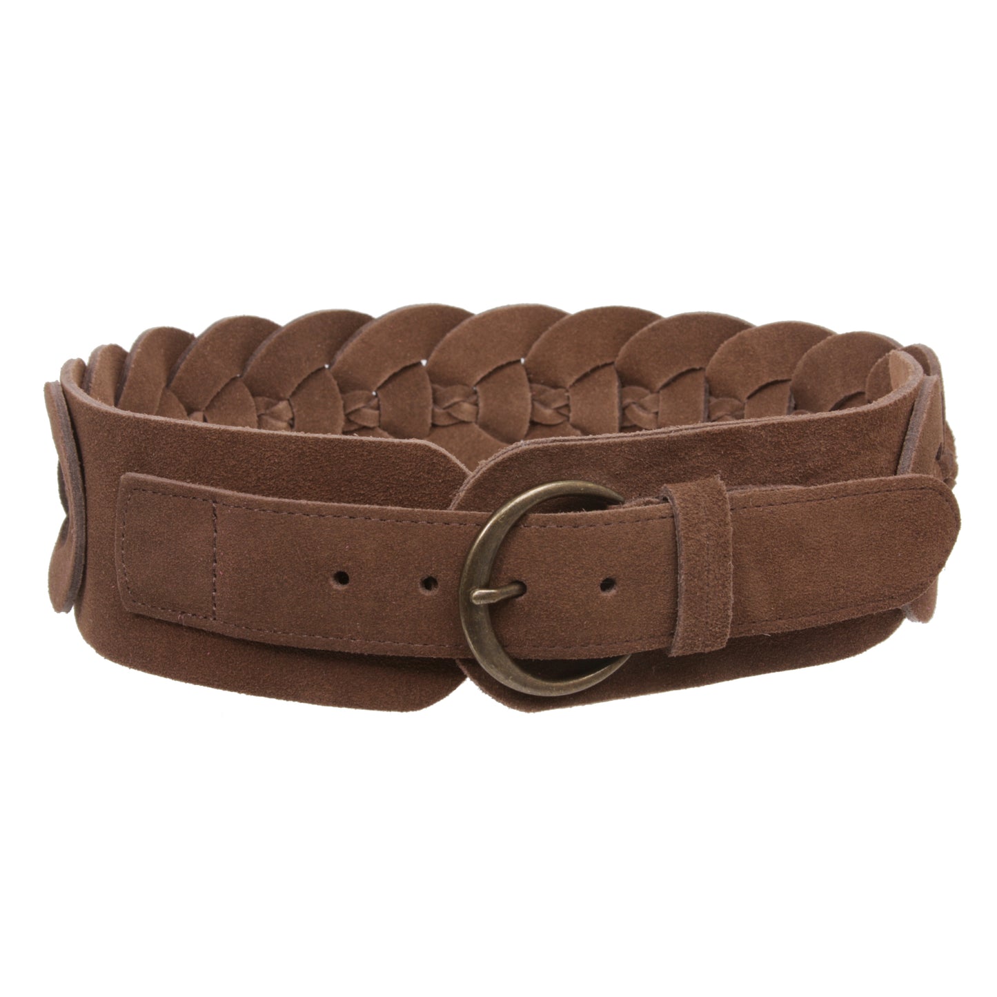 Women's 3" Wide Cow Suede Round Disc Braided Waist Belt with Round Buckle