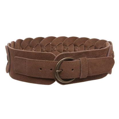 Women's 3" Wide Cow Suede Round Disc Braided Waist Belt with Round Buckle