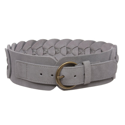 Women's 3" Wide Cow Suede Round Disc Braided Waist Belt with Round Buckle
