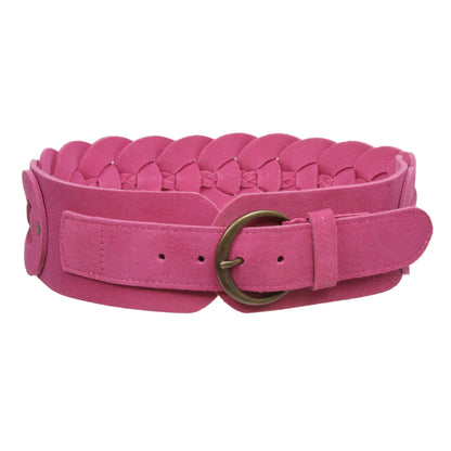 Women's 3" Wide Cow Suede Round Disc Braided Waist Belt with Round Buckle