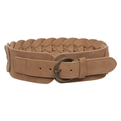 Women's 3" Wide Cow Suede Round Disc Braided Waist Belt with Round Buckle