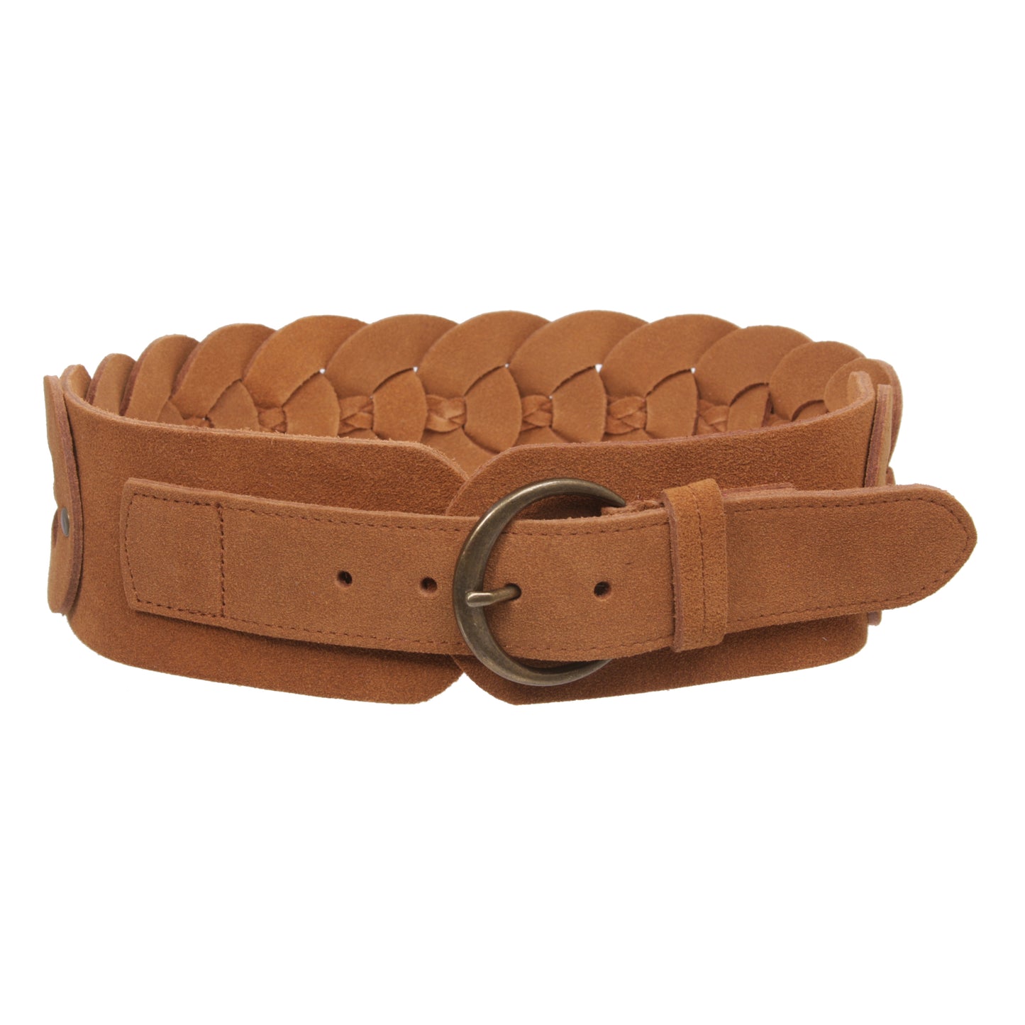 Women's 3" Wide Cow Suede Round Disc Braided Waist Belt with Round Buckle